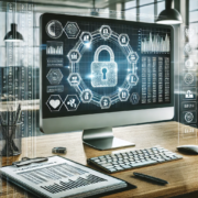 Bild eines digitalen Prozesses zur Rückverfolgbarkeit von Transaktionen in einem geschäftlichen Umfeld, mit einem Computerbildschirm, der Transaktionsdaten und Sicherheitssymbole zeigt, um den Schutz und die Transparenz von Geschäftstransaktionen zu veranschaulichen.